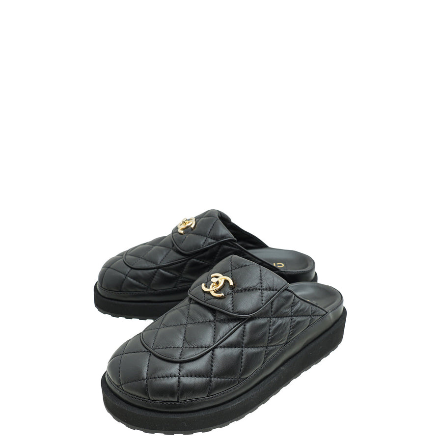 Chanel Black CC Turnlock Mules 38
