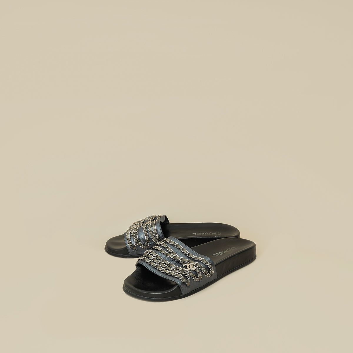 Chanel Metallic Blue Grey CC Charm Chain Slide Sandal 39