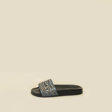 Chanel Metallic Blue Grey CC Charm Chain Slide Sandal 39