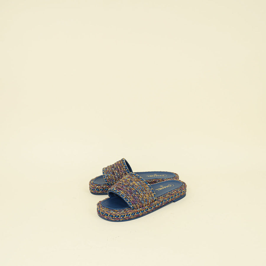 Chanel Blue Multicolor CC Braided Tweed Platform Sandals 40C