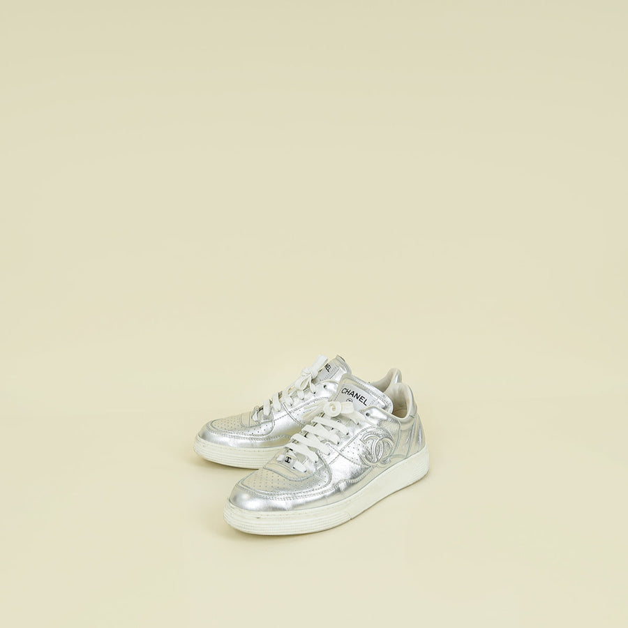 Chanel Metallic Silver CC Trainer Sneaker 40