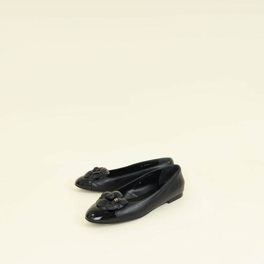 Chanel Black CC Cap Toe Camellia Flower Flat Ballerina 40