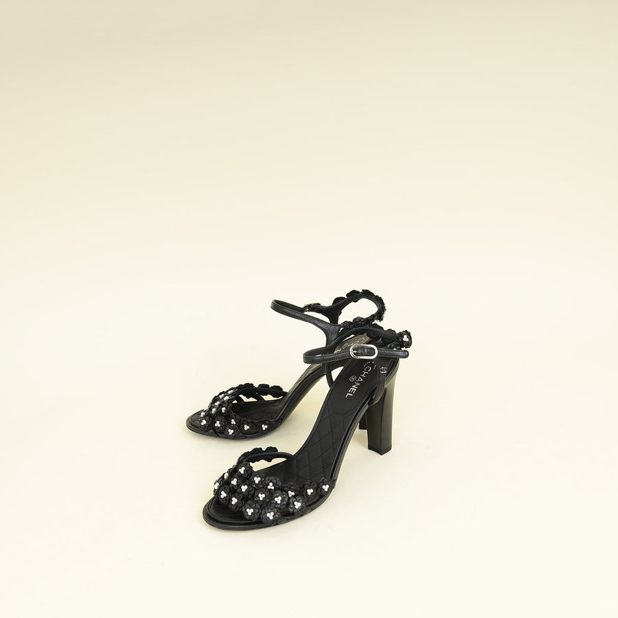 Chanel Black Camellia Flowers Pearl Embellished Slide Heel Sandal 40