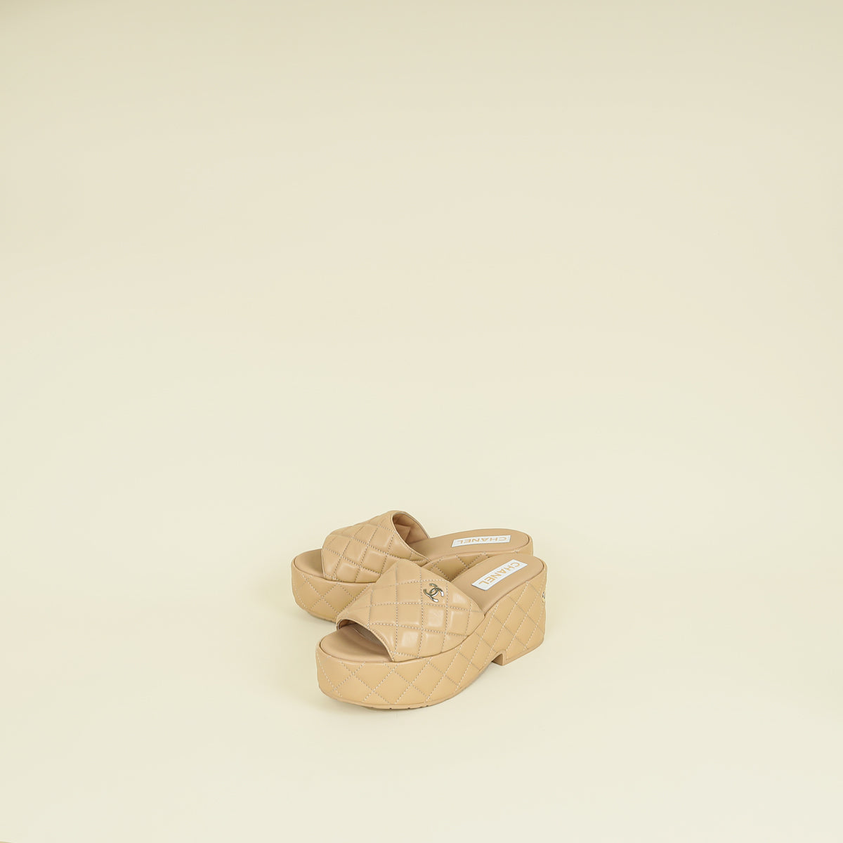 Chanel Beige Quilted CC Mules Wedge Sandals 40