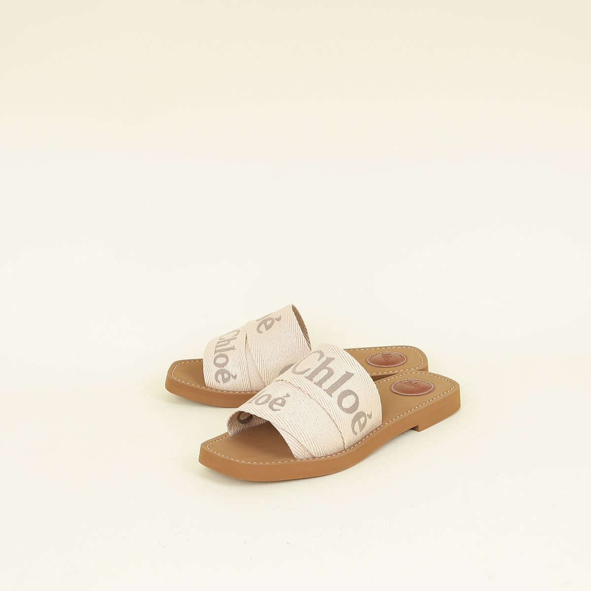 Chloe Beige Linen Woody Square-Toe Flat Sandals 38