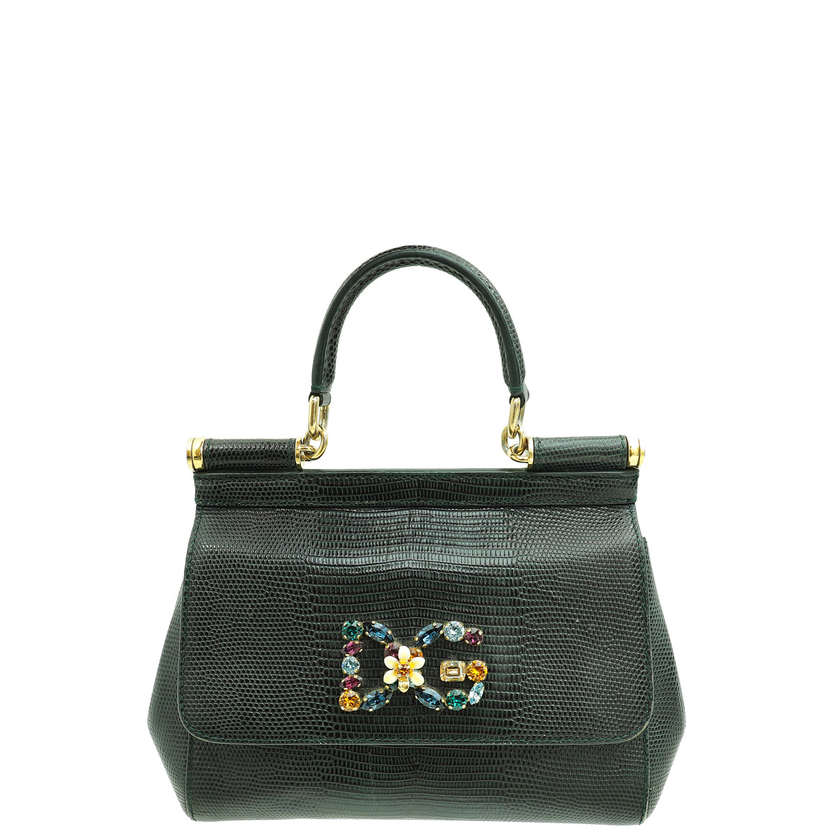 Dolce & Gabbana Dark Green Lizard Embossed Crystal Sicily Bag