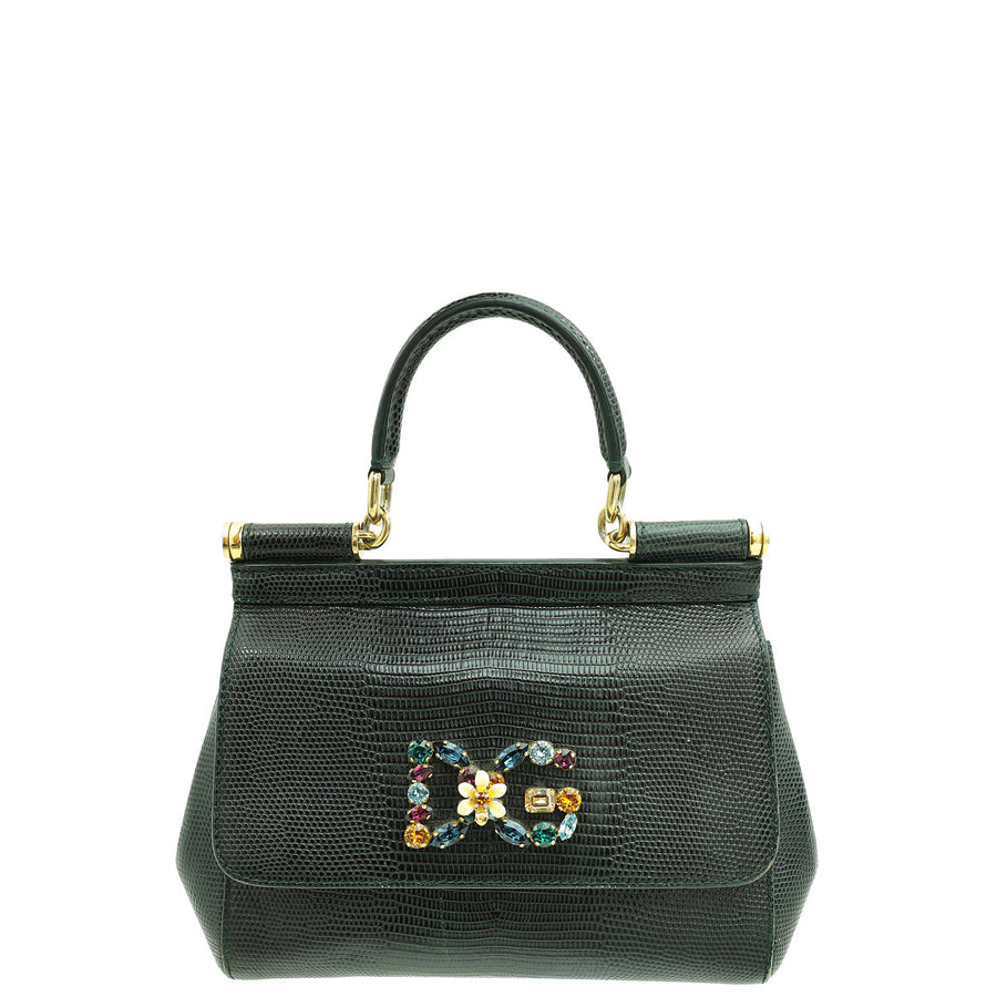 Dolce & Gabbana Dark Green Lizard Embossed Crystal Sicily Bag