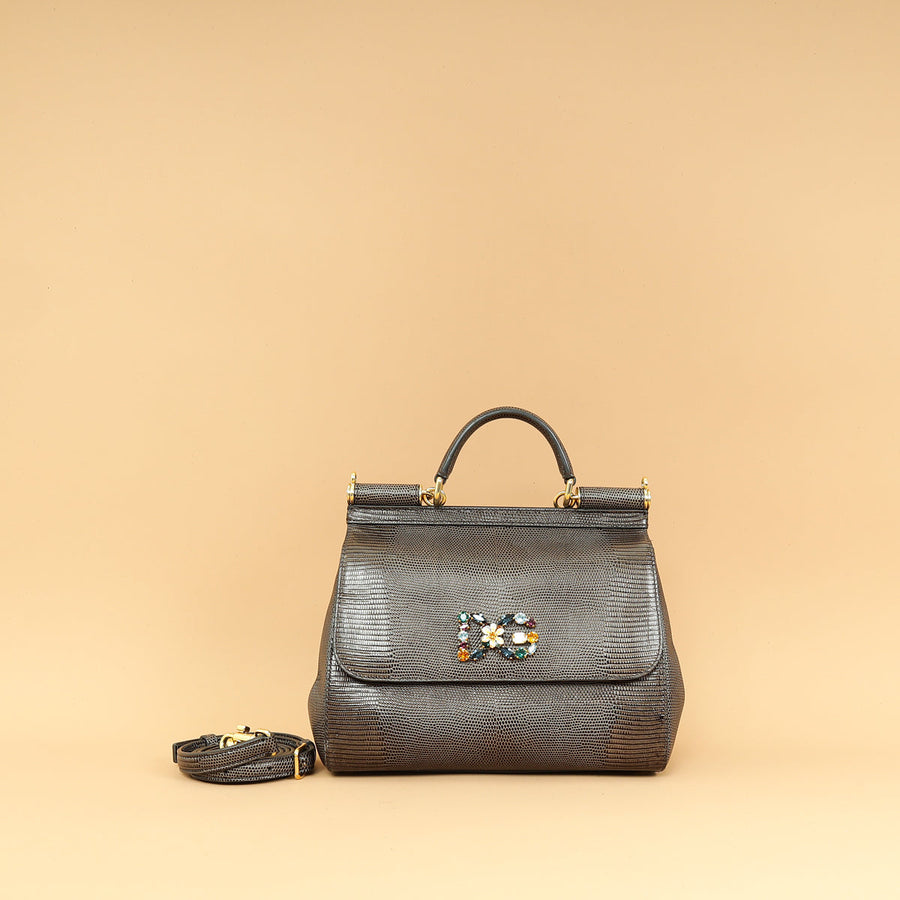 Dolce & Gabbana Dark Gray DG Crystal Medium Sicily Bag