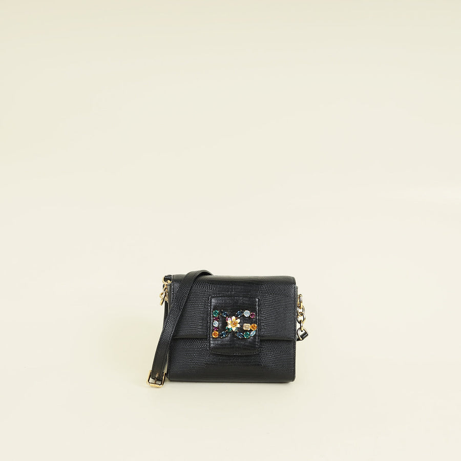Dolce & Gabbana Black Lizard Embossed DG Millennials Flap Shoulder Bag