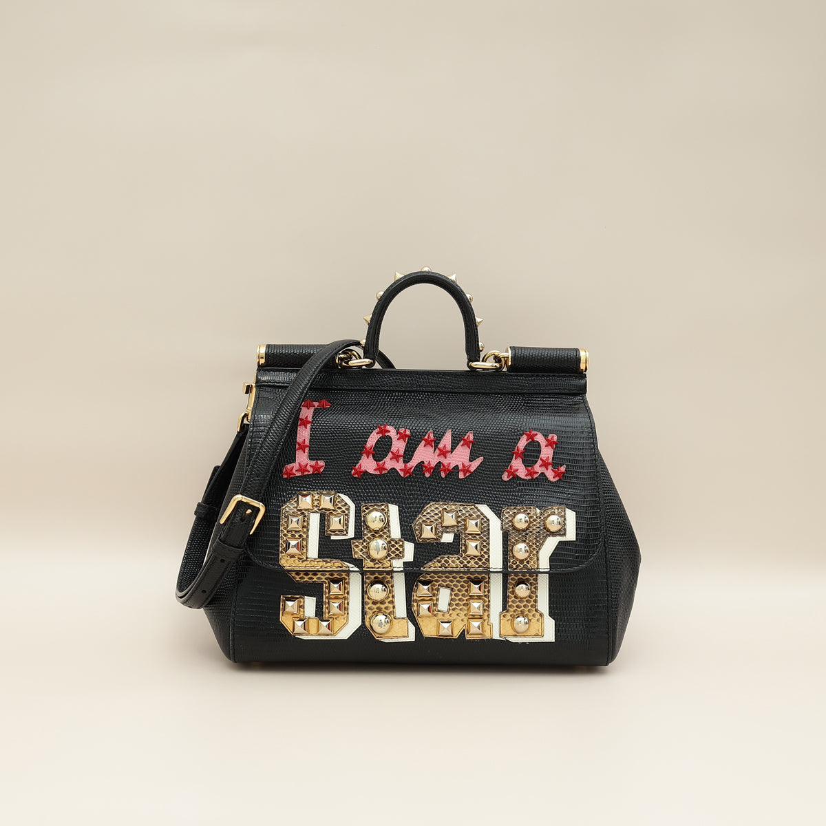 Dolce & Gabbana Black Sicily Am A Star Studs Embellished Iguana Print Medium Bag