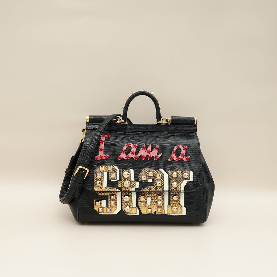 Dolce & Gabbana Black Sicily Am A Star Studs Embellished Iguana Print Medium Bag