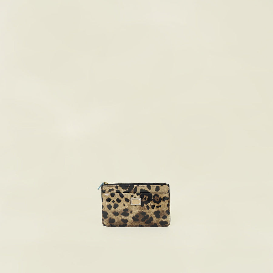 Dolce & Gabbana Bicolor Leopard Print Logo Plaque Medium Zip Card Holder