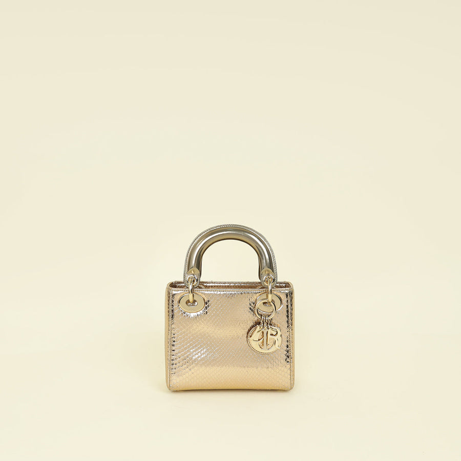 Christian Dior Metallic Champagne Lady Dior Metallic Python Mini Chain Bag
