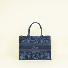 Christian Dior Navy Blue Denim Flowers Embroidered Medium Book Tote Bag