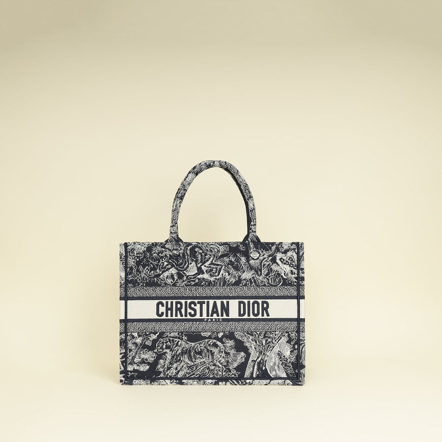 Christian Dior Bicolor Toile De Jouy Reverse Embroidered Book Medium Tote Bag
