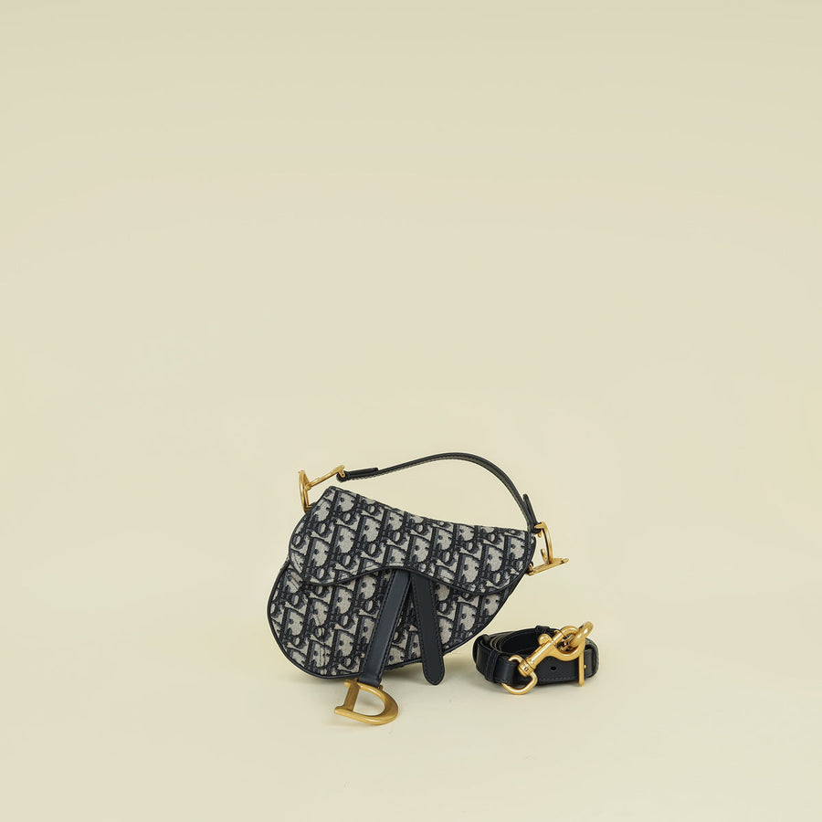 Christian Dior Navy Blue Oblique Saddle Mini Bag W/ Strap