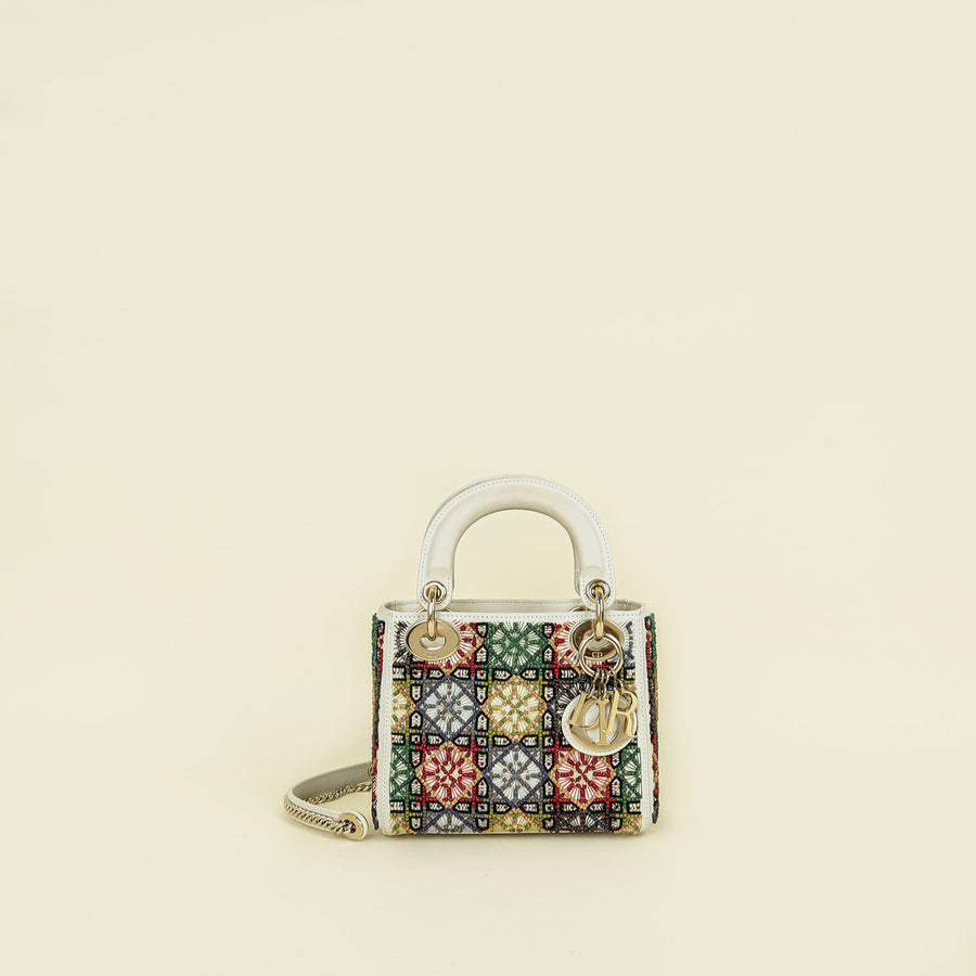 Christian Dior Off White Beaded Cannage Chain Mini Lady Dior Bag