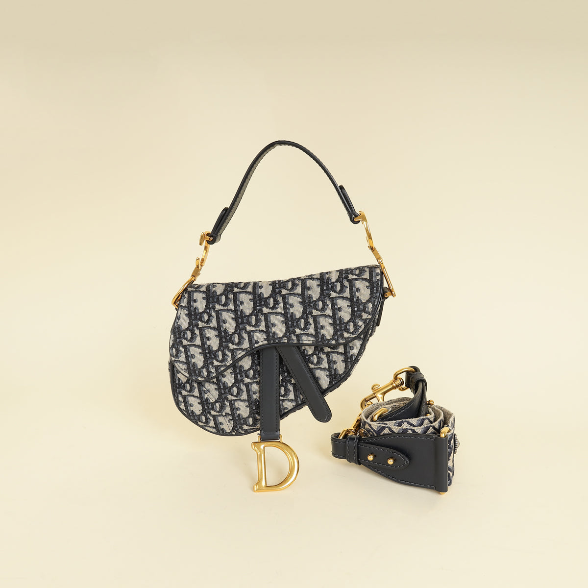 Christian Dior Navy Blue Oblique Mini Saddle With Medallion Strap