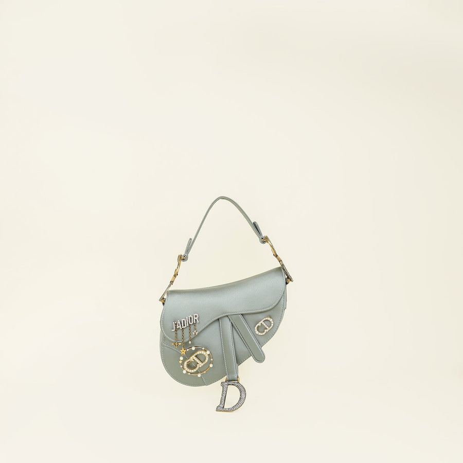 Christian Dior Grey Mini Saddle Satin Crystal Embellished Brooch Bag