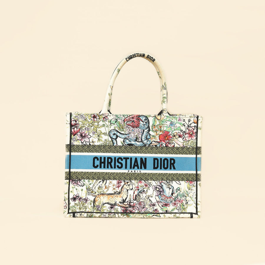 Christian Dior White Multicolor D-Constellation Embroidery Book Medium Tote Bag
