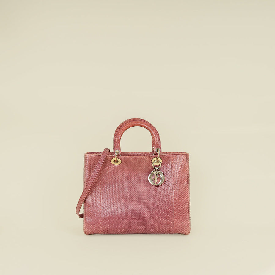 Christian Dior Mauve Pink Snakeskin Lady Dior Large Bag