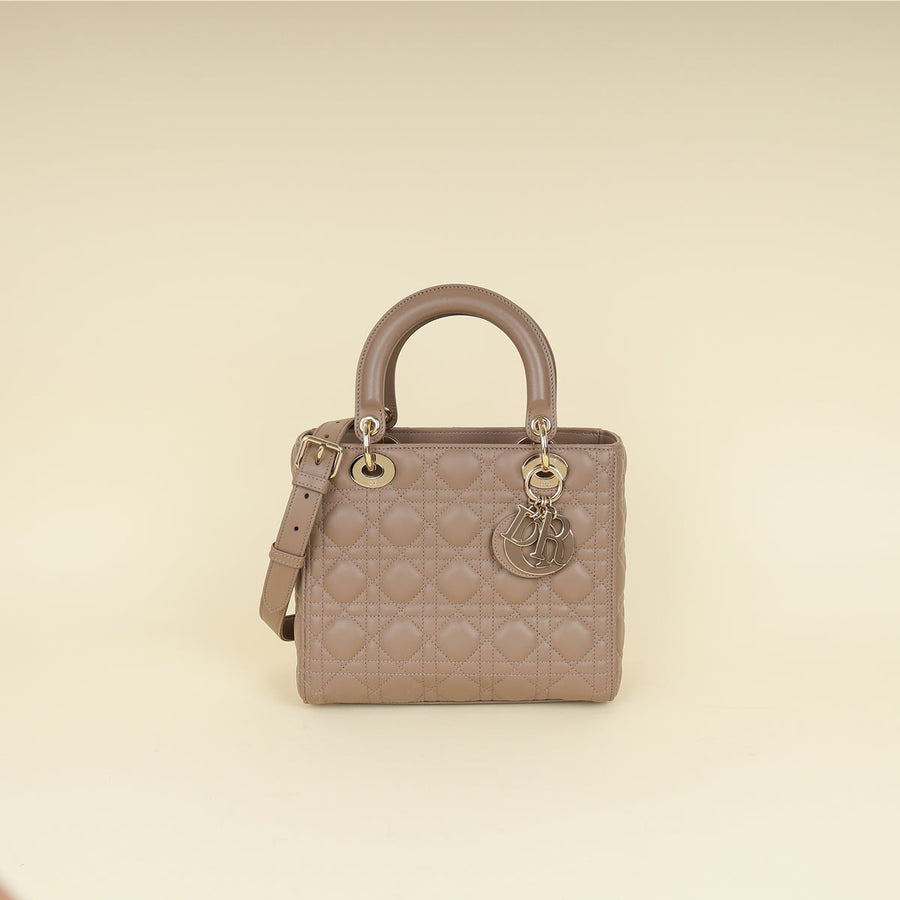 Christian Dior Taupe Gray Cannage Lady Dior Medium Bag