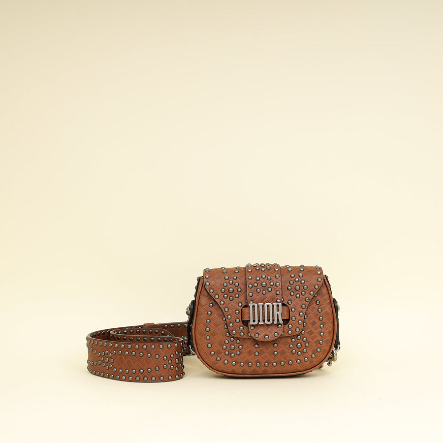 Christian Dior Brown Cannage Embossed Studded D-Fence Saddle Bag