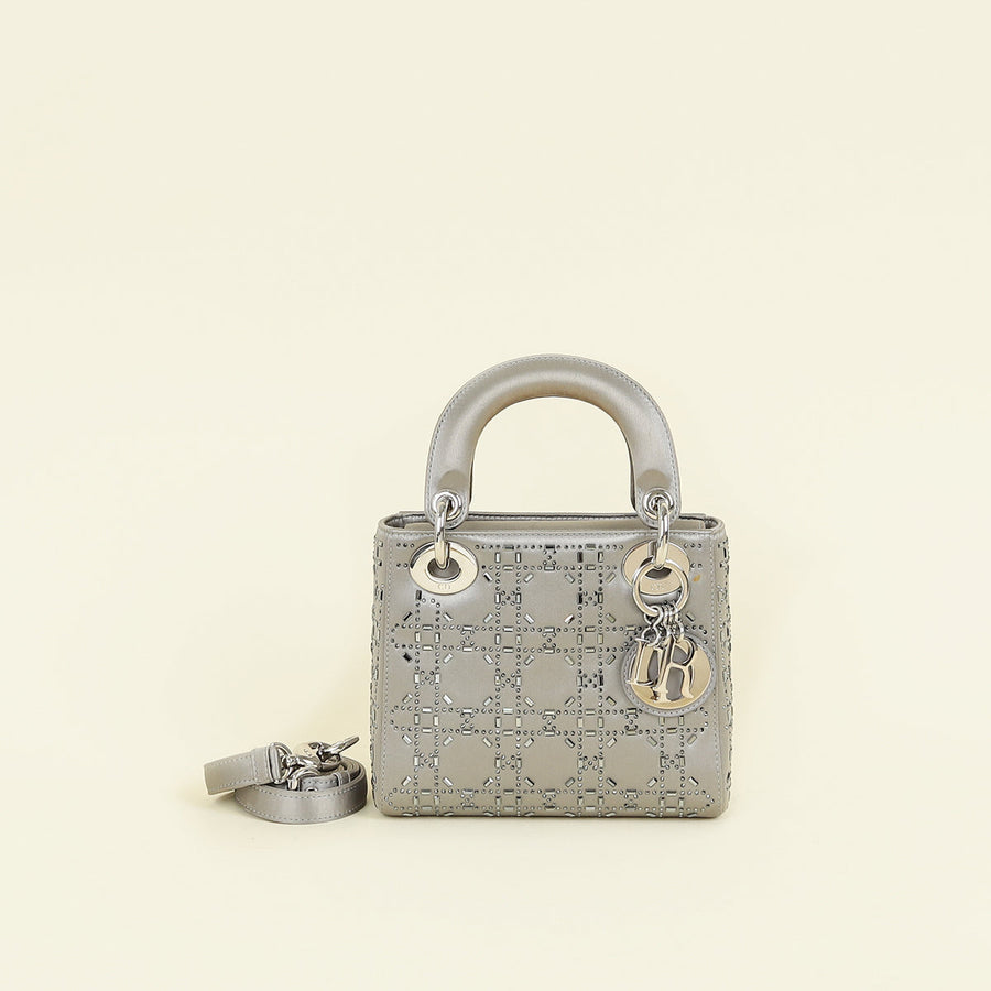 Christian Dior Gray Strass Cannage Satin Mini Lady Dior Bag