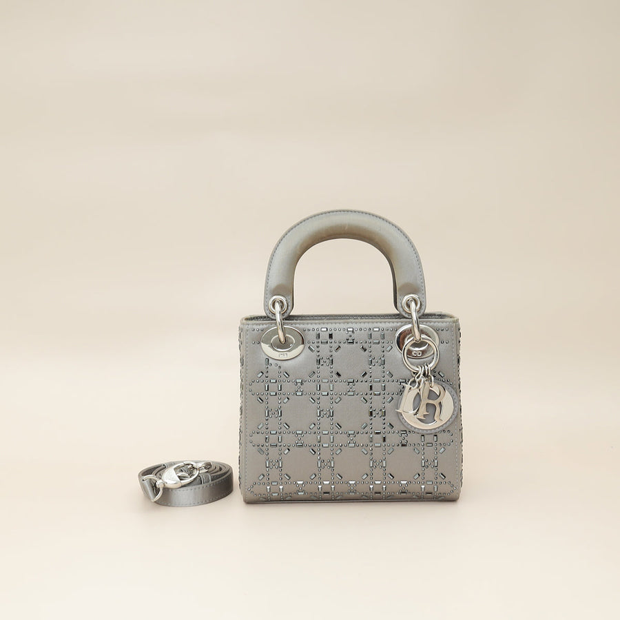 Christian Dior Grey Lady Dior Cannage Satin Strass Mini Bag