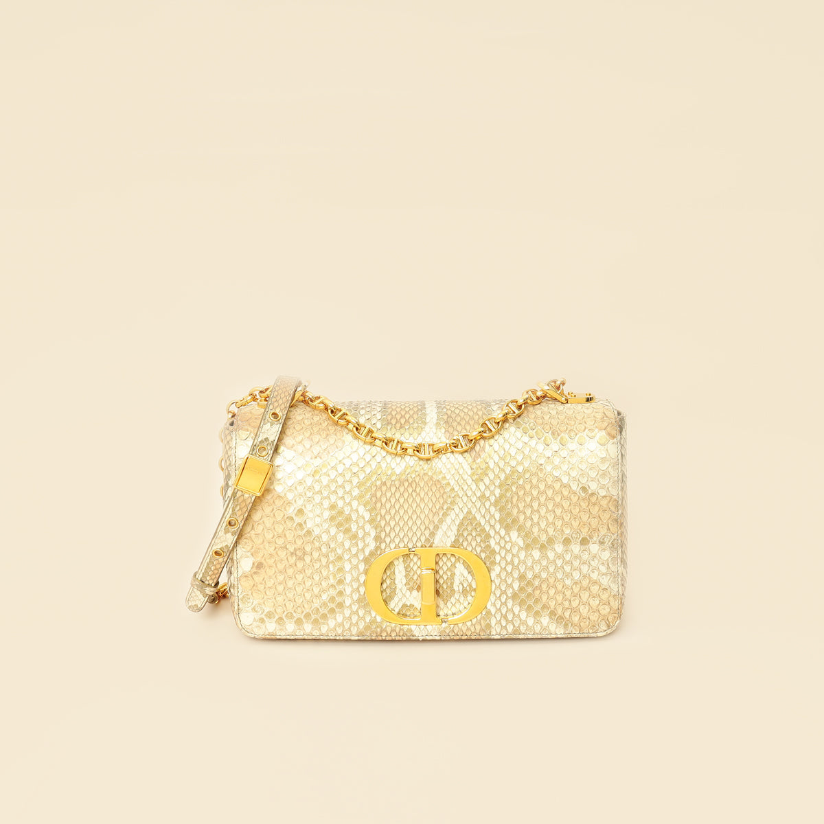 Christian Dior Metallic Golden Beige Python Caro Flap Medium Shoulder Bag