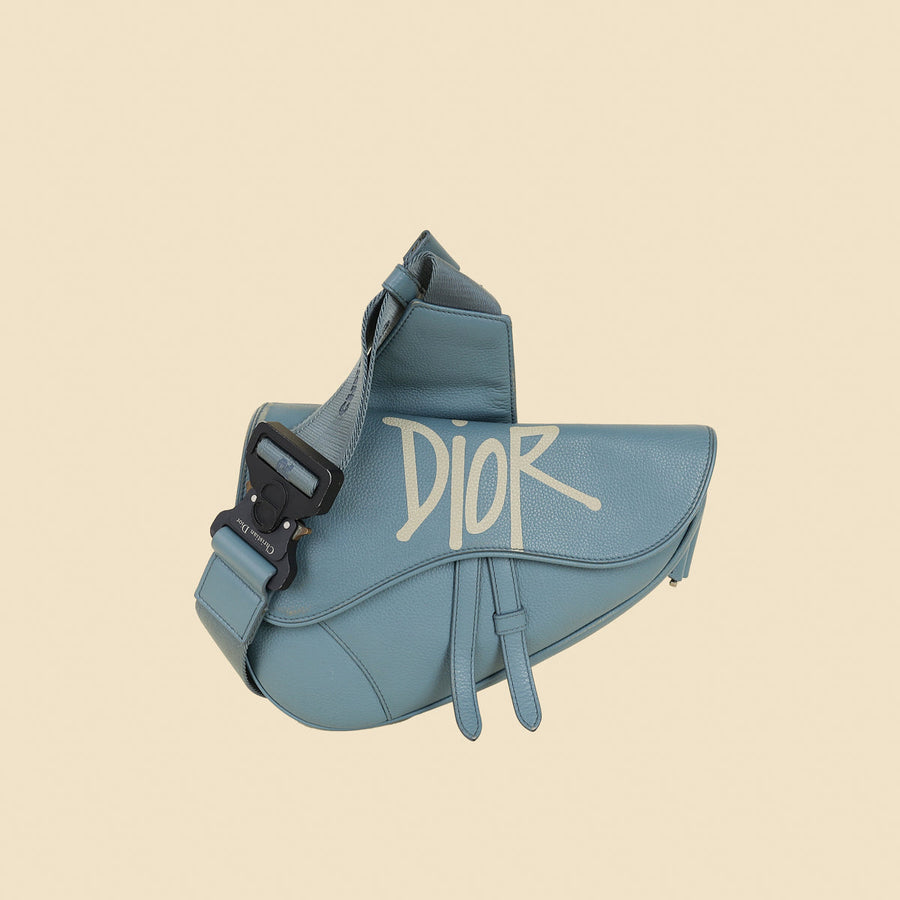 Christian Dior Blue x Shawn Stussy 2020 Logo Print Saddle Bag