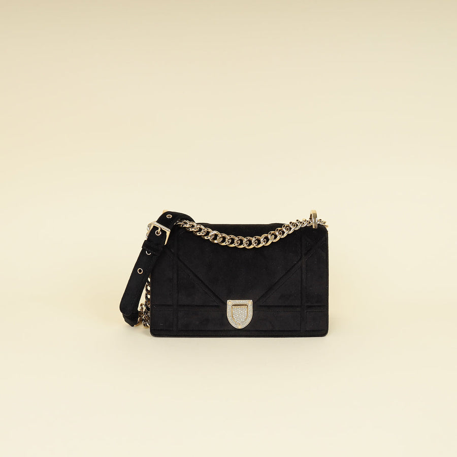 Christian Dior Black Diorama Velvet Small Crystal Lock Shoulder Bag
