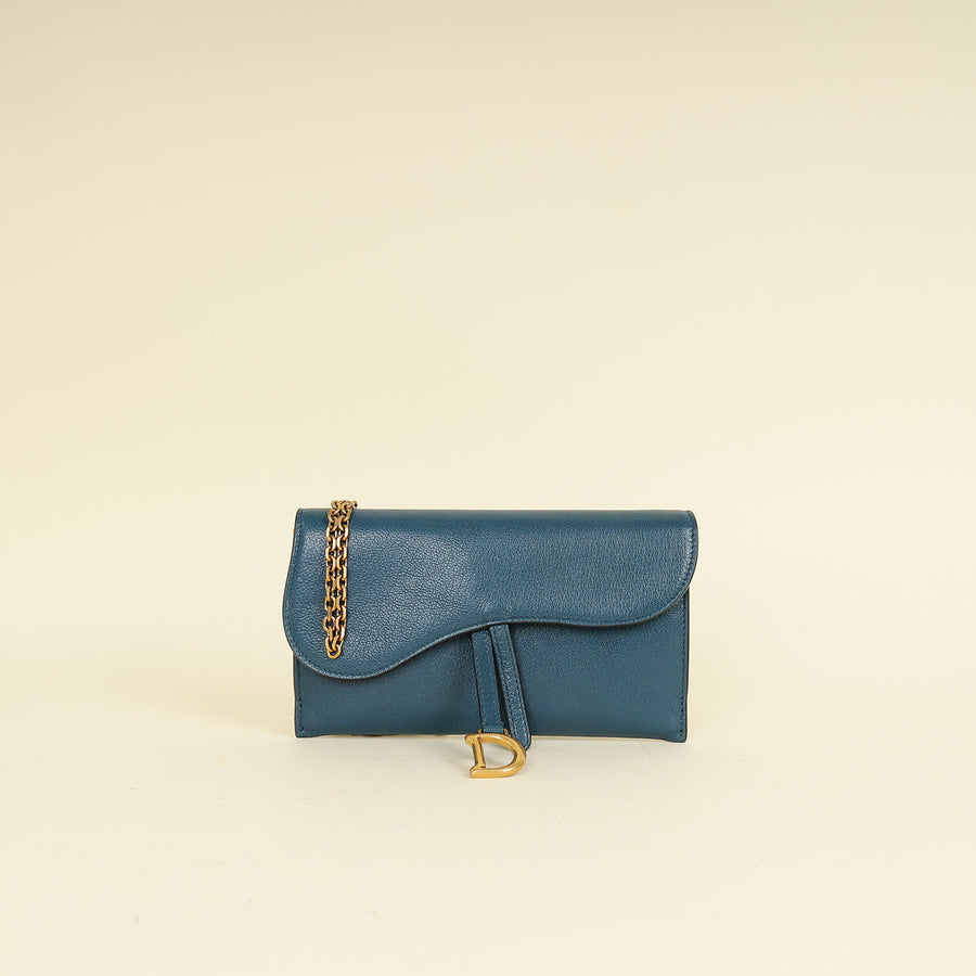 Christian Dior Teal Blue Saddle Long Wallet on Chain