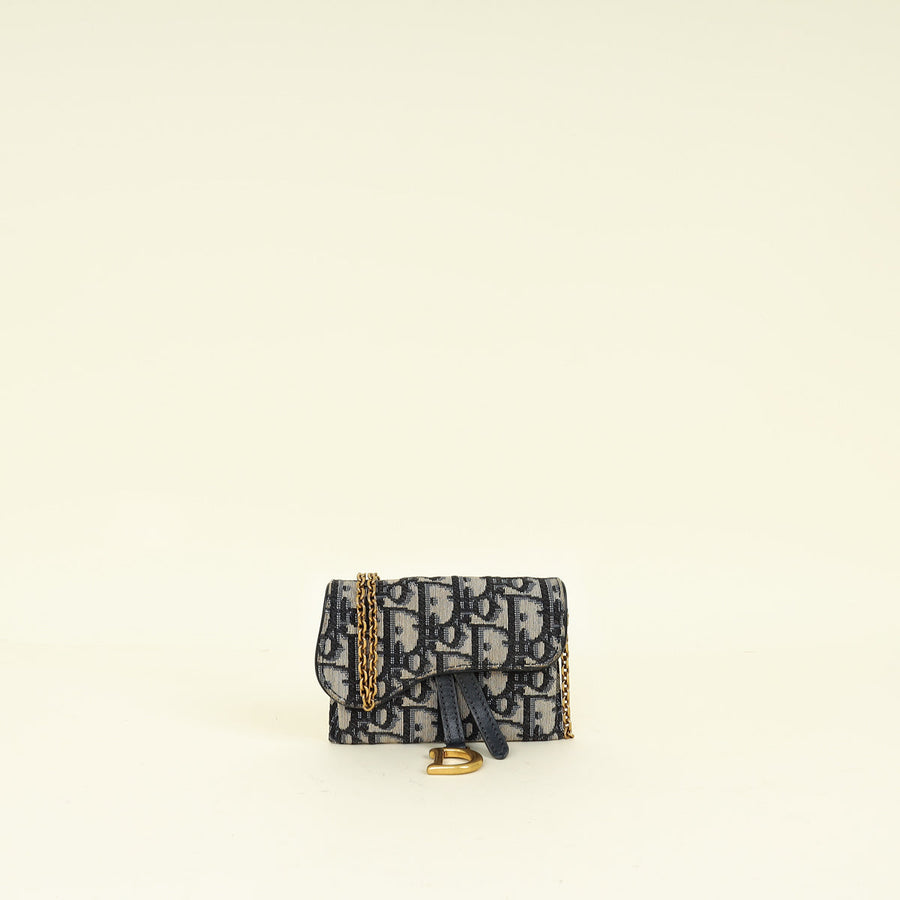 Christian Dior Navy Blue Oblique Nano Saddle Pouch With Chain