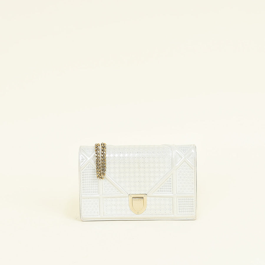 Christian Dior Metallic White Microcannage Diorama Wallet On Chain