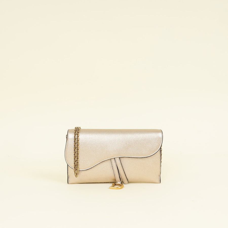 Christian Dior Metallic Champagne Saddle Long Wallet with Chain