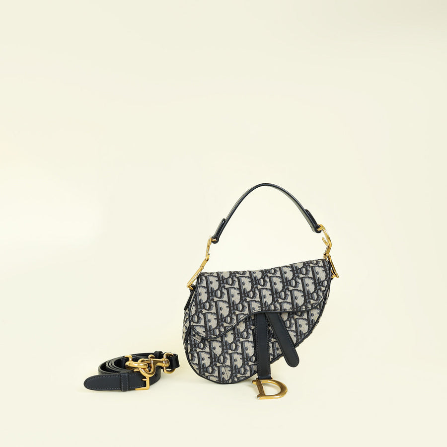 Christian Dior Navy Blue Oblique Mini Saddle Bag W/ Strap