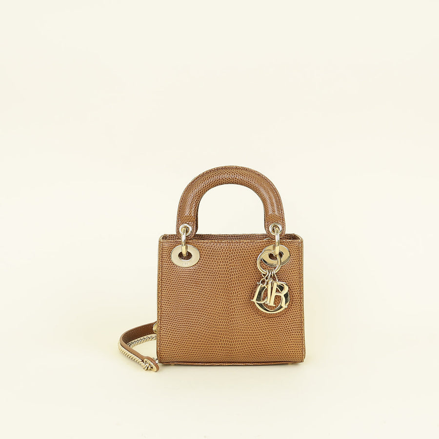 Christian Dior Brown Lizard Mini Chain Lady Dior Bag