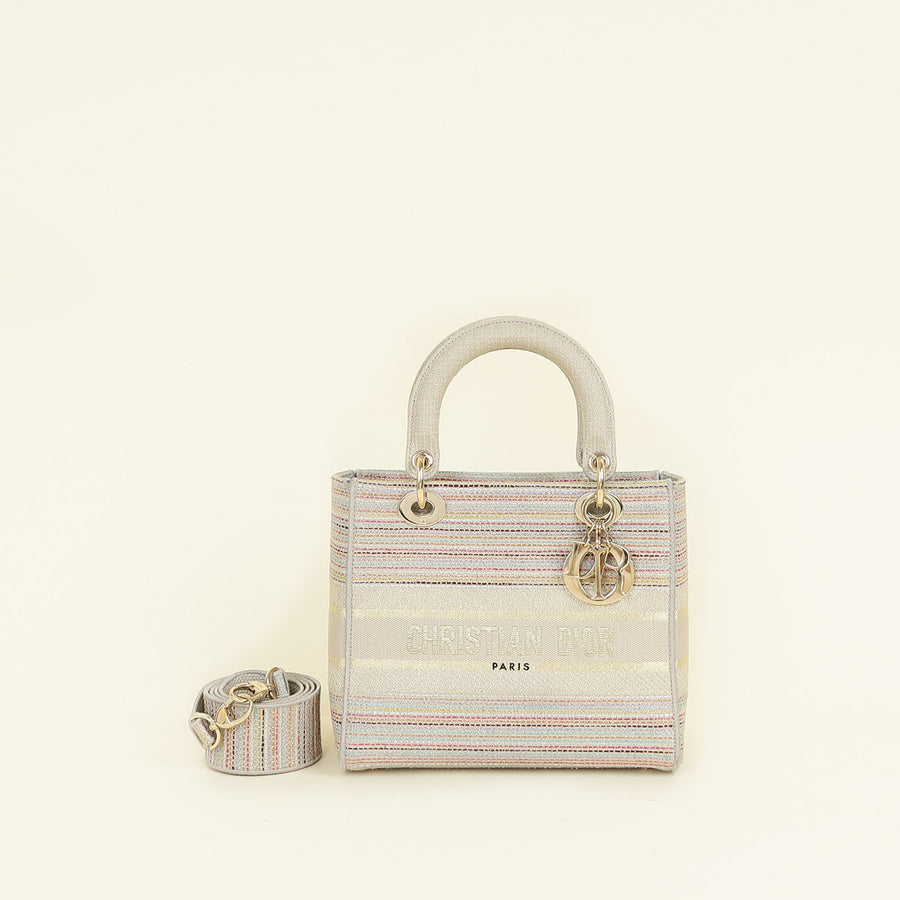 Christian Dior Multicolor Lady D-Lite Stripes Embroidery Medium Bag
