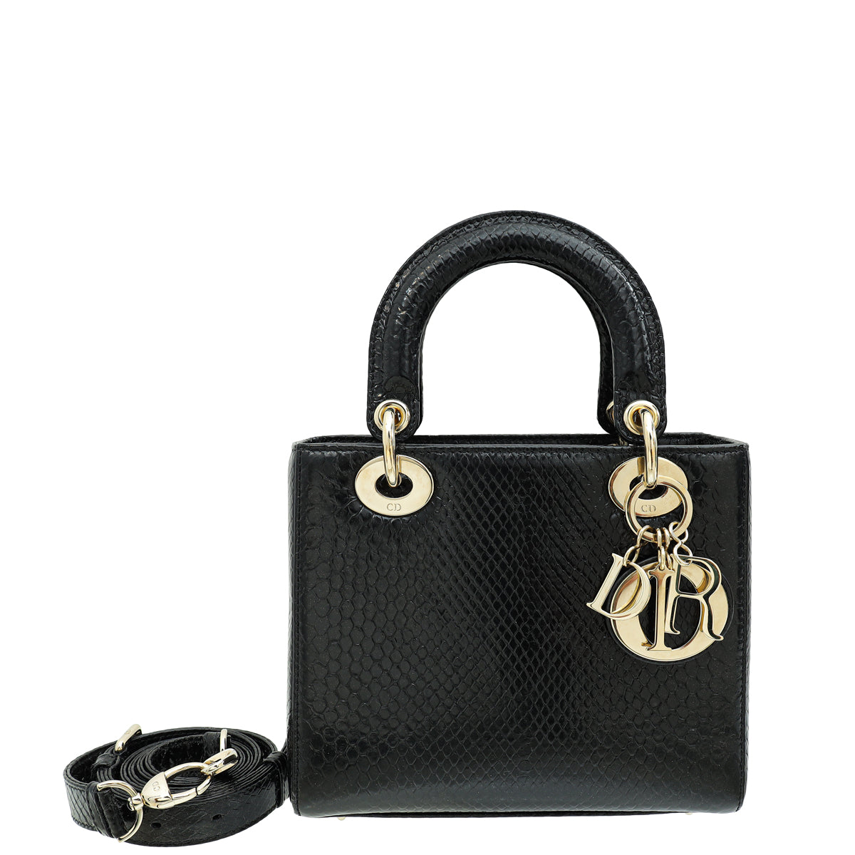 Christian Dior Black Shiny Snakeskin Lady Dior Small Bag