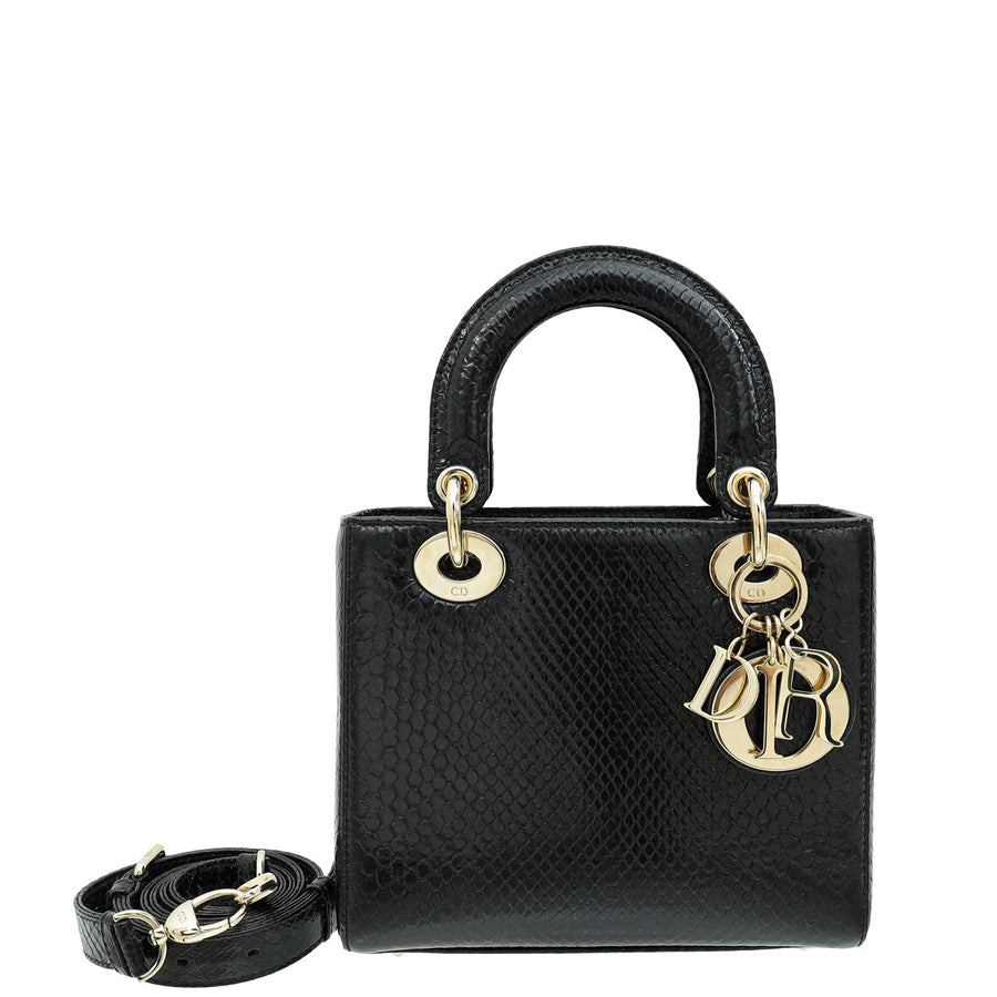 Christian Dior Black Shiny Snakeskin Lady Dior Small Bag