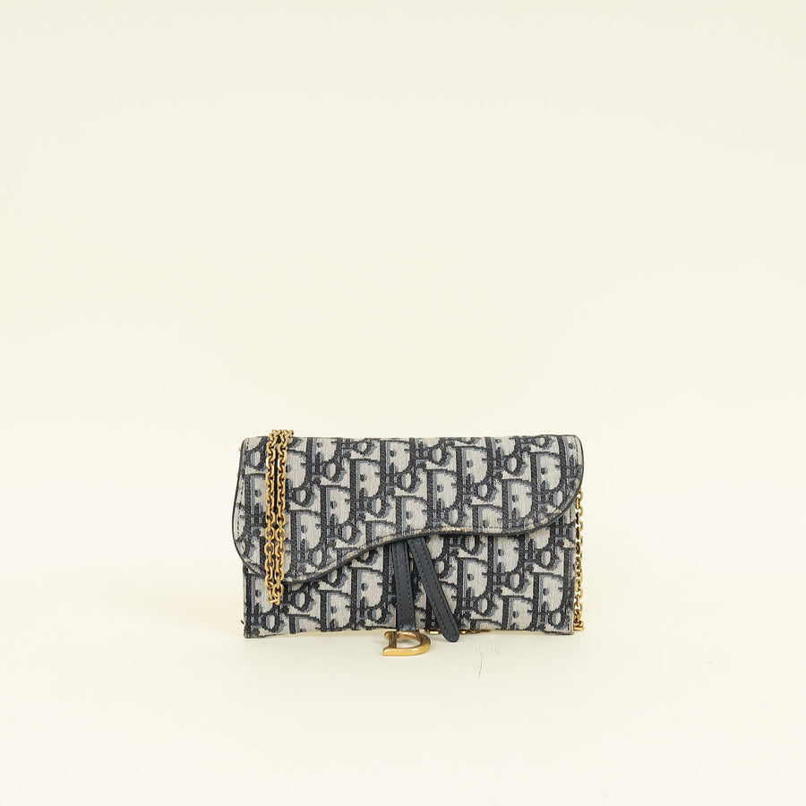 Christian Dior Navy Blue Oblique Small Saddle Pouch with Chain