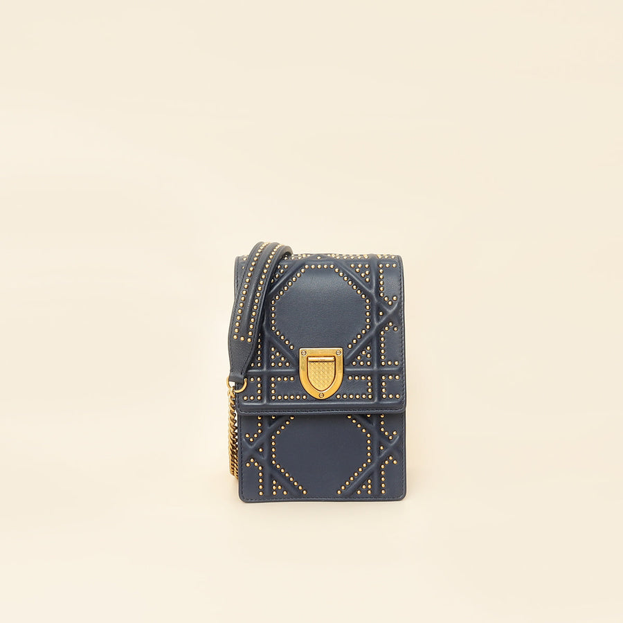 Christian Dior Navy Blue Diorama Studded Vertical Chain Wallet