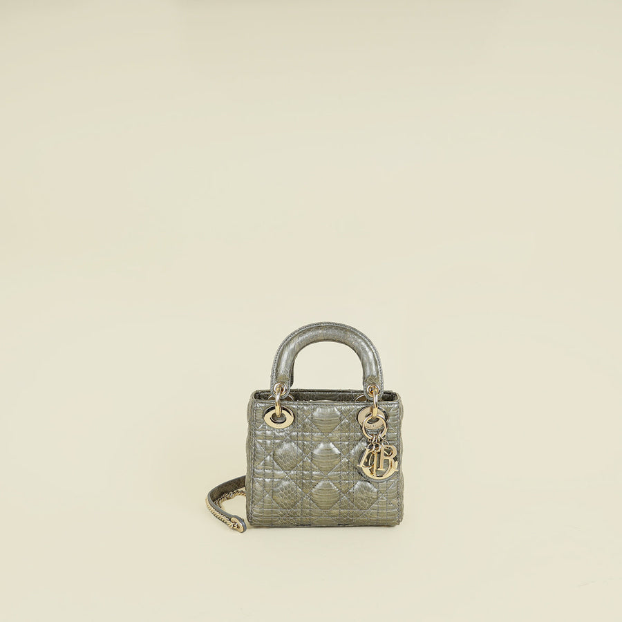 Christian Dior Metallic Grey Green Lady Dior Python Leather Mini Chain Bag