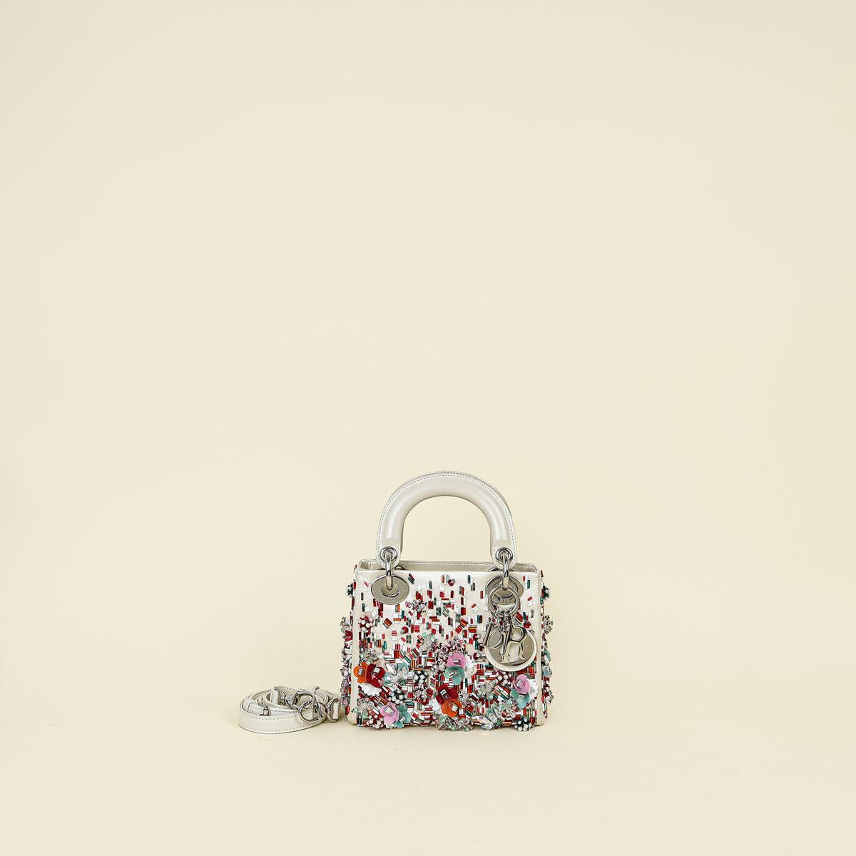 Christian Dior White Satin Beaded Floral Embroidered Mini Lady Dior Bag