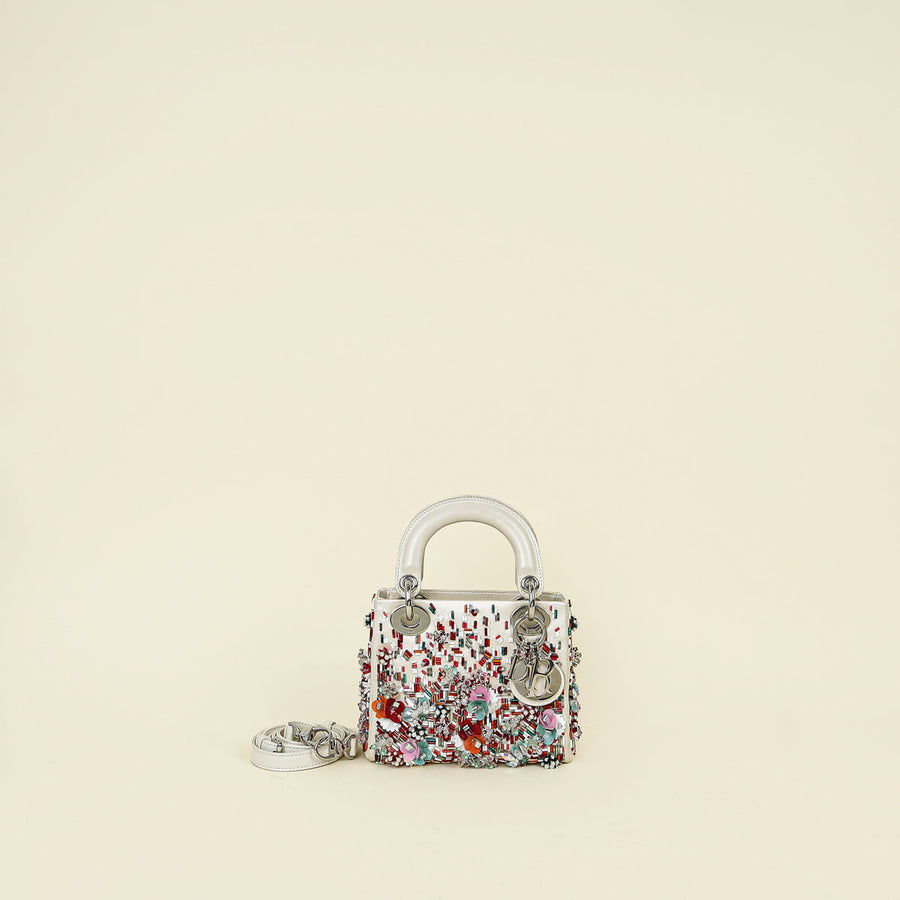 Christian Dior White Satin Beaded Floral Embroidered Mini Lady Dior Bag