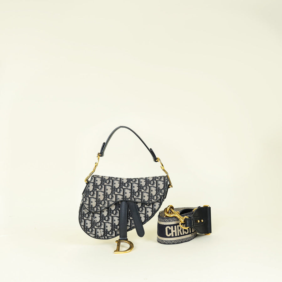 Christian Dior Navy Blue Oblique Saddle Mini Bag W/Extra Bag Strap