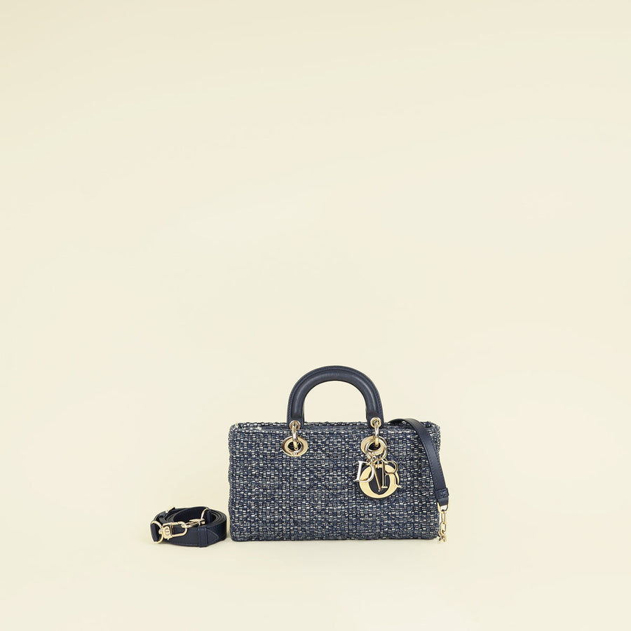 Christian Dior Navy Blue Lady D-Joy Tweed Medium Bag