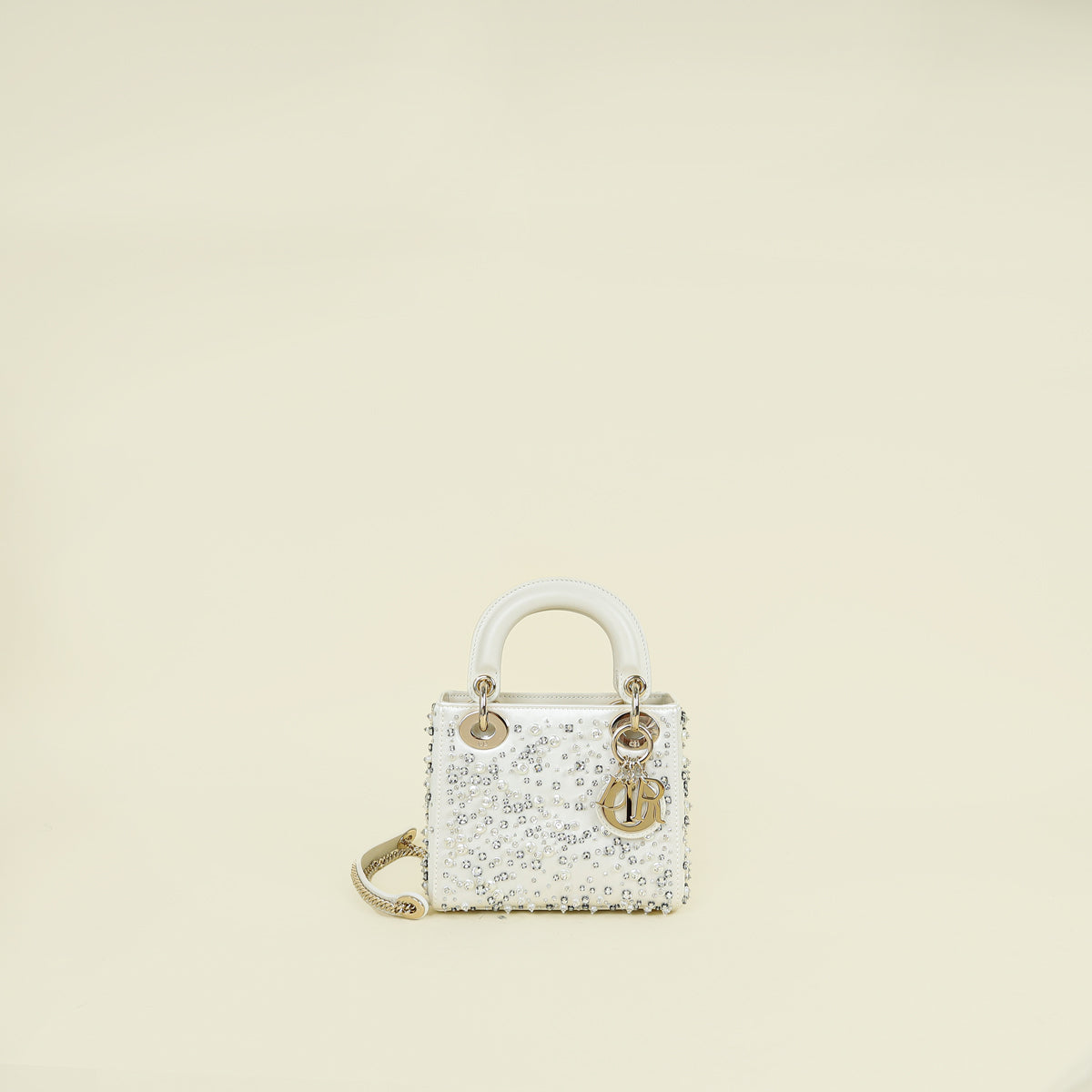 Christian Dior White Crystal & Pearl Embroidered Chain Mini Lady Dior Bag