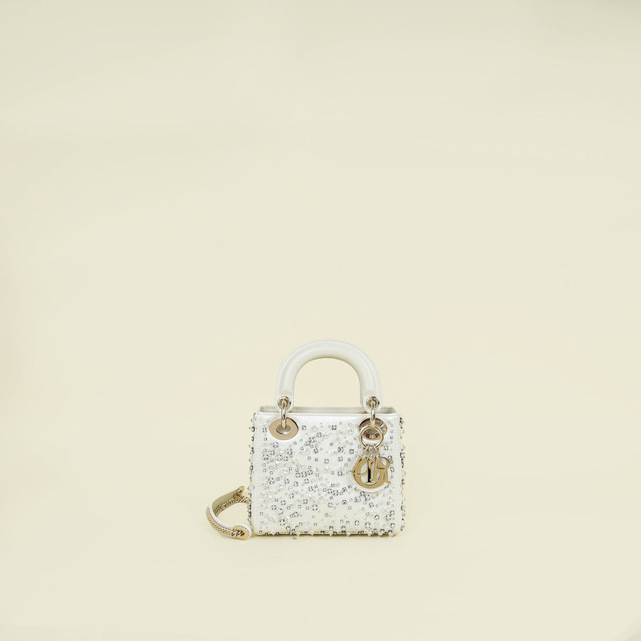 Christian Dior White Crystal & Pearl Embroidered Chain Mini Lady Dior Bag